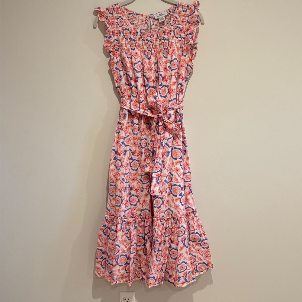 Vineyard Vines Peachy-Pink Blue Floral Smocked Midi Dress Size S